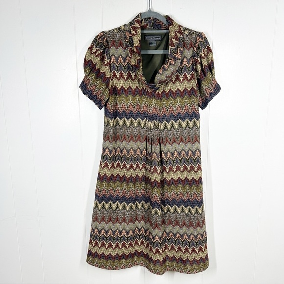 Jessica Howard Brown and Green Chevron Pattern Short Sleeve Dress 12 - Picture 1 of 7